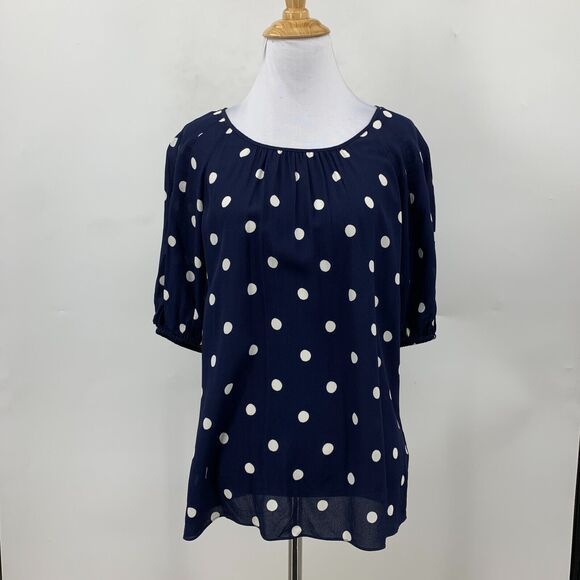 Boden Amber Polka Dot Blouse Womens 2 Navy Viscose Balloon Sleeves Pleated Neck - Picture 3 of 11